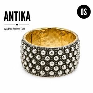 Antika Silver Studded Stretch Bracelet Wide Cuff Gold Tone Interior
